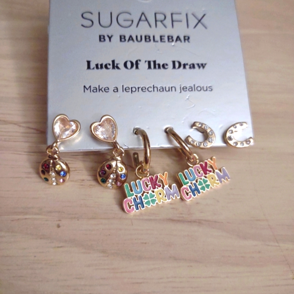 Sugarfix Luck of The Draw Lucky Charm y2k Gold Charm Crystal Stud Earrings Set